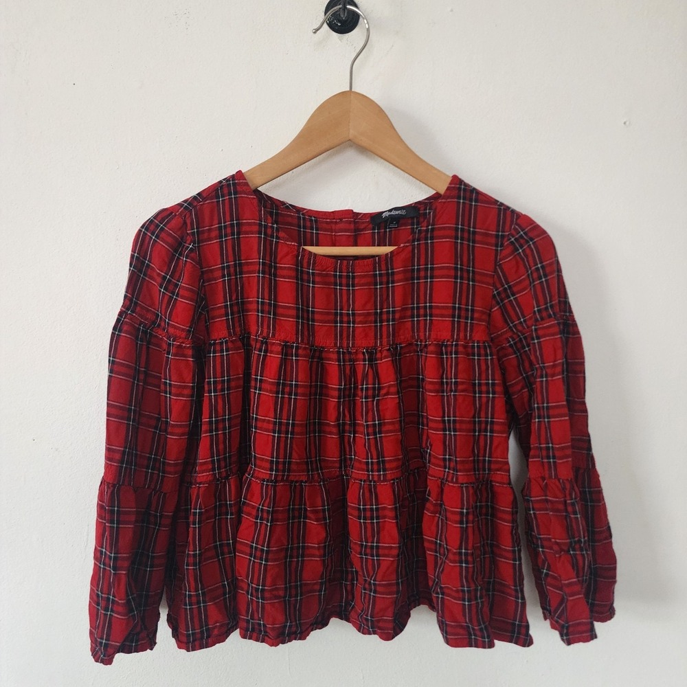 Madewell XS Red Black Plaid Flowy Shirt Holiday